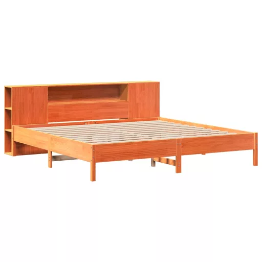 Barna tömör fenyőfa könyvespolcos ágy matrac nélkül 200 x 200cm