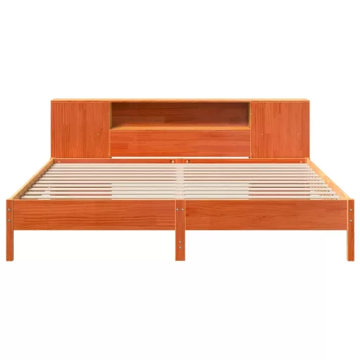Barna tömör fenyőfa könyvespolcos ágy matrac nélkül 200 x 200cm