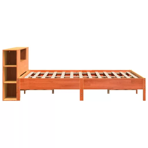 Barna tömör fenyőfa könyvespolcos ágy matrac nélkül 200 x 200cm