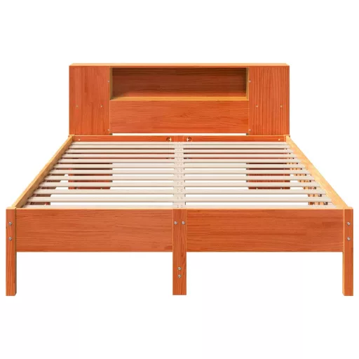 Barna tömör fenyőfa könyvespolcos ágy matrac nélkül 150 x 200cm