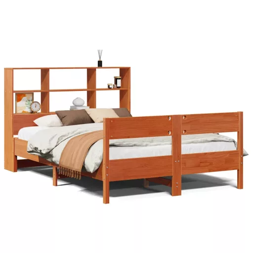 Barna tömör fenyőfa könyvespolcos ágy matrac nélkül 140 x 190cm