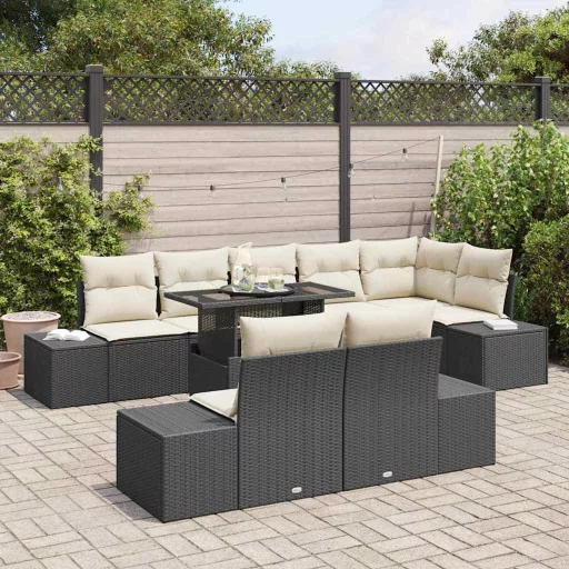 Kerti Kanapé Szett tárolóval 9 pcs Fekete Poli rattan