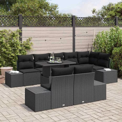 Kerti Kanapé Szett tárolóval 9 pcs Fekete Poli rattan