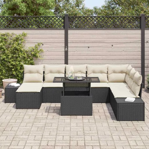 Kerti Kanapé Szett tárolóval 9 pcs Fekete Poli rattan