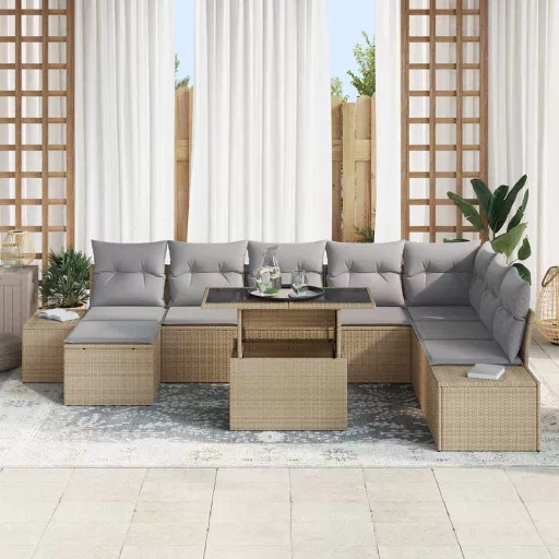 Kerti Kanapé Szett tárolóval 9 pcs Bézs Poli rattan