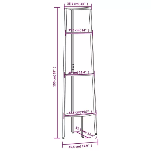 4 szintes fekete sarokpolc 45,5 x 31,5 x 150 cm