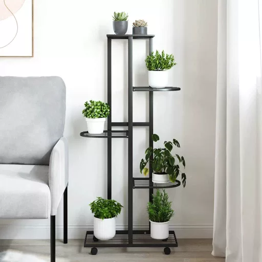 5-szintes fekete vas virágtartó állvány kerekekkel 44x23x100 cm