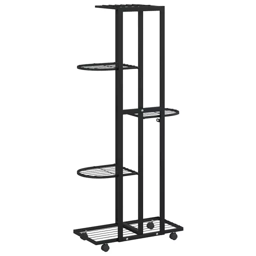 5-szintes fekete vas virágtartó állvány kerekekkel 44x23x100 cm
