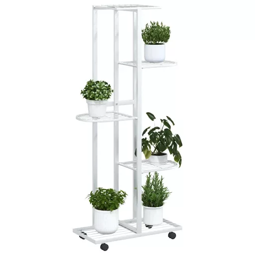5 szintes fehér vas virágtartó állvány kerekekkel 44x23x100 cm