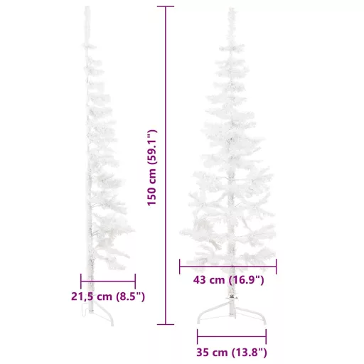 Fehér vékony fél műkarácsonyfa állvánnyal 150 cm