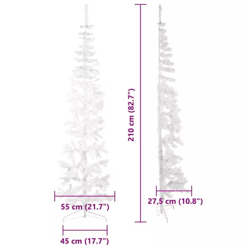 Fehér vékony fél műkarácsonyfa állvánnyal 210 cm