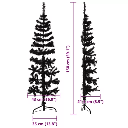 Fekete vékony fél műkarácsonyfa állvánnyal 150 cm