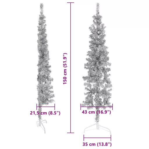 Ezüst vékony fél műkarácsonyfa állvánnyal 150 cm
