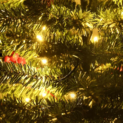 Műkarácsonyfák 2 db koszorúval, füzérrel és LED-ekkel