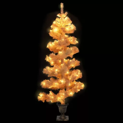 Fehér PVC kivilágított kacskaringós karácsonyfa kaspóval 120 cm