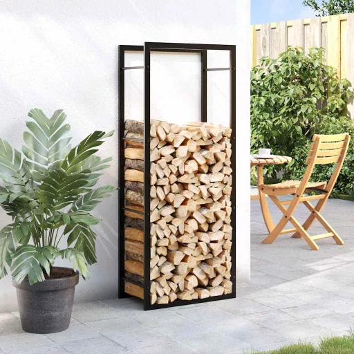 Fekete acél tűzifatároló állvány 50x28x132 cm
