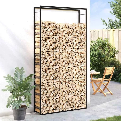 Fekete acél tűzifatároló állvány 110x28x214 cm