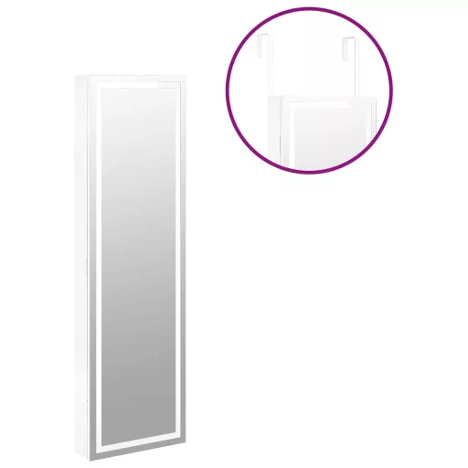 Fehér falra szerelhető tükrös ékszerszekrény LED fényekkel