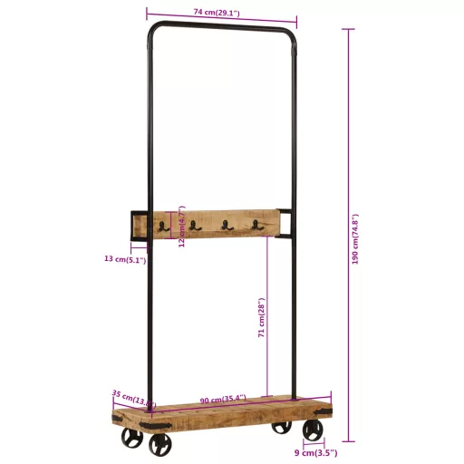 Tömör mangófa és vas ruhaállvány kerekekkel 90 x 35 x 190 cm