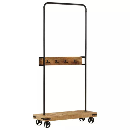 Tömör mangófa és vas ruhaállvány kerekekkel 90 x 35 x 190 cm