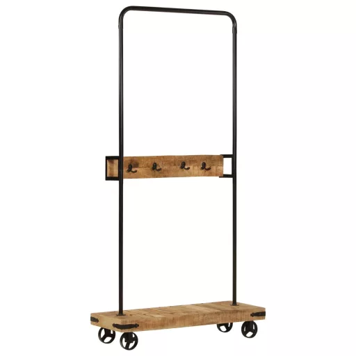Tömör mangófa és vas ruhaállvány kerekekkel 90 x 35 x 190 cm