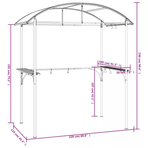 Antracit acél grillező pavilon oldalsó polcokkal 220x115x230 cm