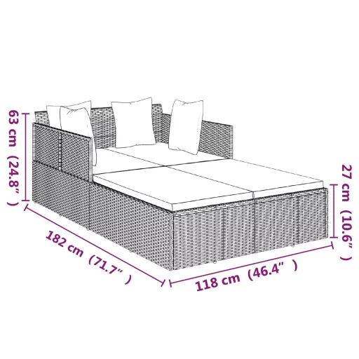 Fekete polyrattan napozóágy párnával 182 x 118 x 63 cm