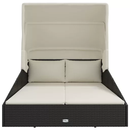 Fekete polyrattan napágy összecsukható tetővel 200x114x128 cm