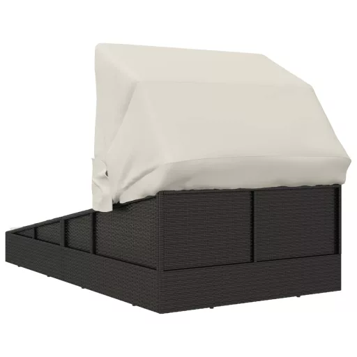 Fekete polyrattan napágy összecsukható tetővel 200x114x128 cm