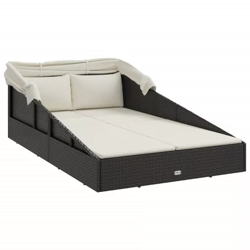 Fekete polyrattan napágy összecsukható tetővel 200x114x128 cm
