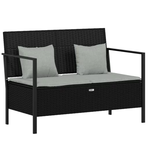 Fekete 2 személyes polyrattan kerti pad párnával