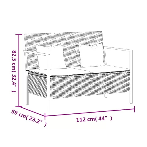 Fekete 2 személyes polyrattan kerti pad párnával