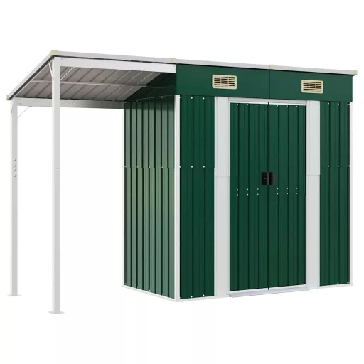 Zöld kerti fészer meghosszabbított tetővel 277x107x181 cm
