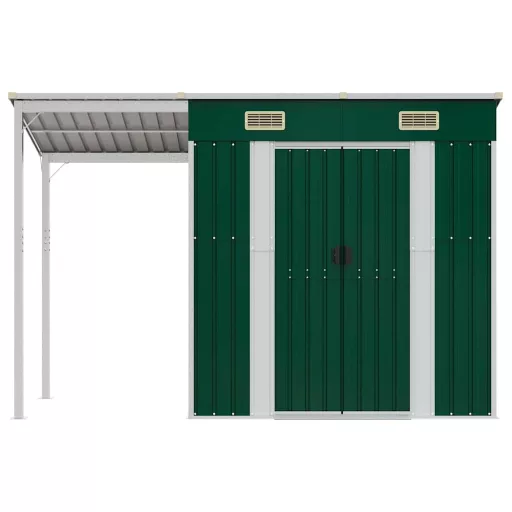 Zöld kerti fészer meghosszabbított tetővel 277x107x181 cm