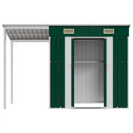 Zöld kerti fészer meghosszabbított tetővel 277x107x181 cm