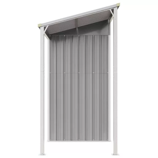 Világosszürke acél kerti fészer meghosszabbított tetővel 277 x 107 x 181 cm