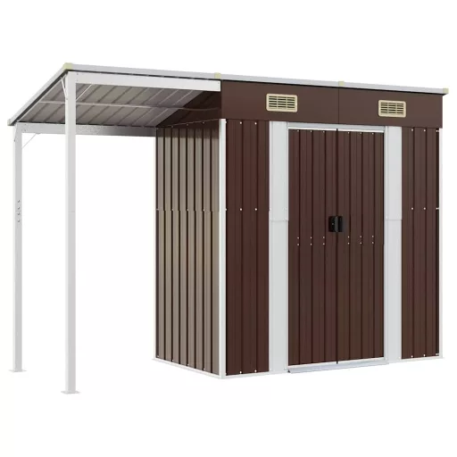 Barna kerti fészer meghosszabbított tetővel 277x107x181 cm