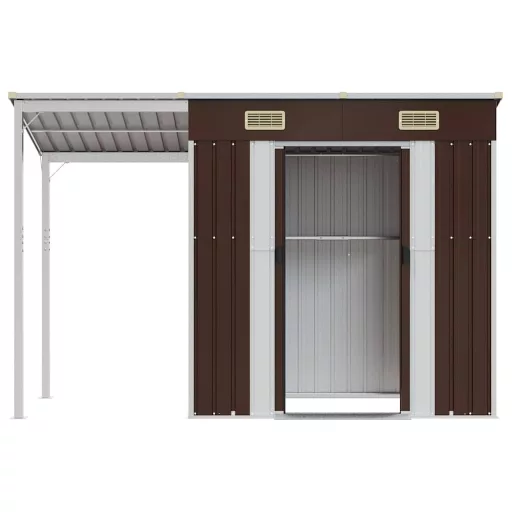 Barna kerti fészer meghosszabbított tetővel 277x107x181 cm