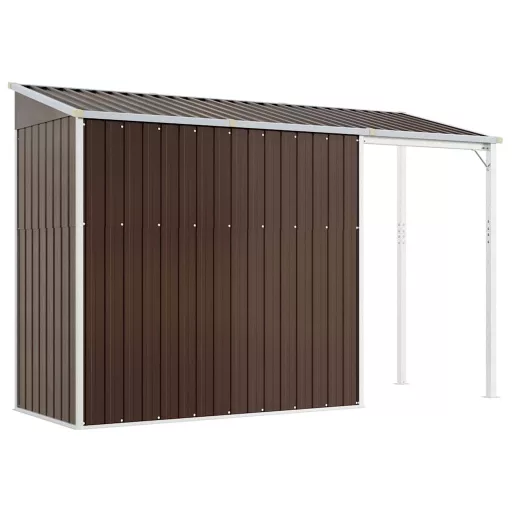 Barna kerti fészer meghosszabbított tetővel 277x107x181 cm