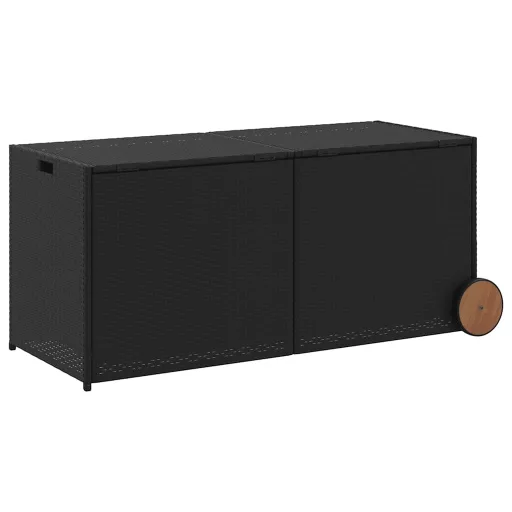 Fekete polyrattan kerti tárolóláda kerekekkel 283 L