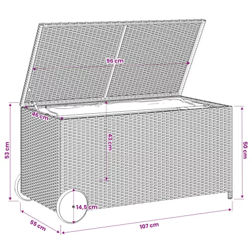 Fekete polyrattan kerti tárolóláda kerekekkel 190 L