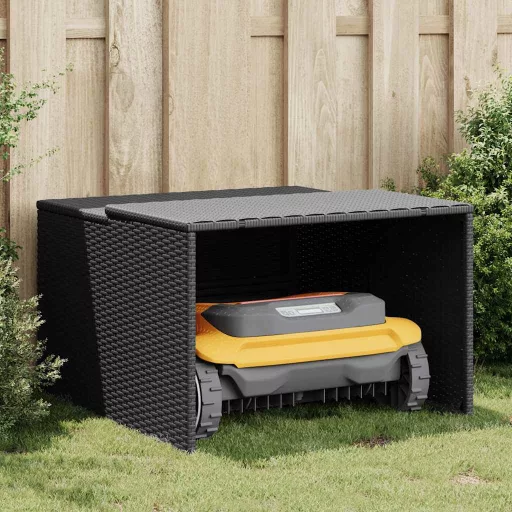 Fekete polyrattan robotfűnyíró garázs 86 x 90 x 52/57 cm