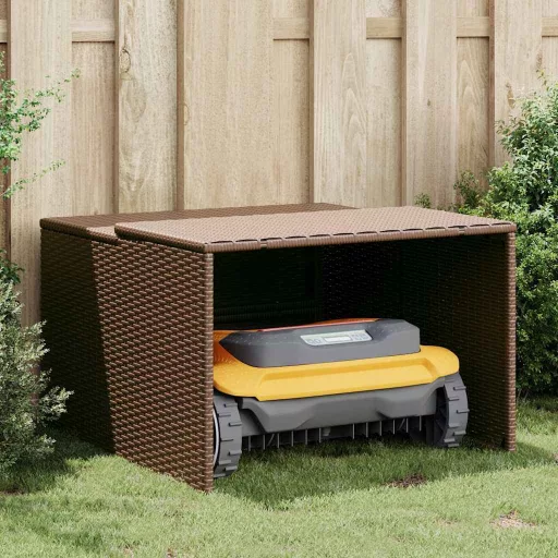 Barna polyrattan robotfűnyíró garázs 86 x 90 x 52/57 cm