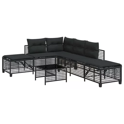3 részes fekete polyrattan kerti sarokkanapé garnitúra párnával