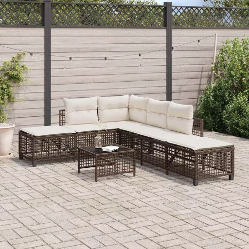 3 részes barna polyrattan kerti sarokkanapészett párnával