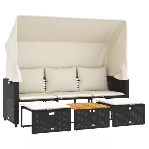 3 személyes fekete polyrattan kerti kanapé baldachinnal/székkel