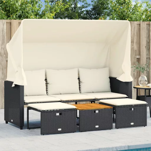 3 személyes fekete polyrattan kerti kanapé baldachinnal/székkel