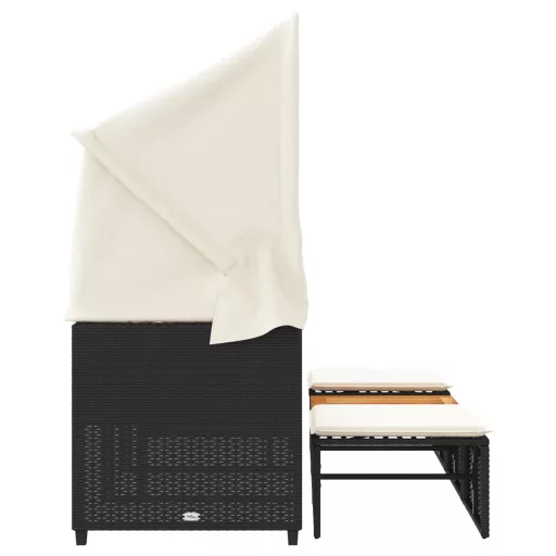 3 személyes fekete polyrattan kerti kanapé baldachinnal/székkel