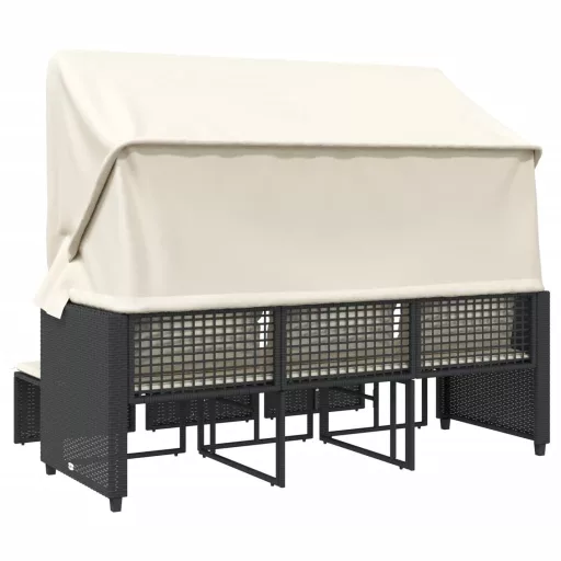 3 személyes fekete polyrattan kerti kanapé baldachinnal/székkel