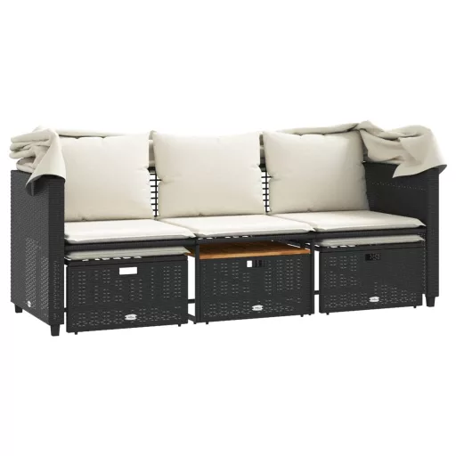 3 személyes fekete polyrattan kerti kanapé baldachinnal/székkel